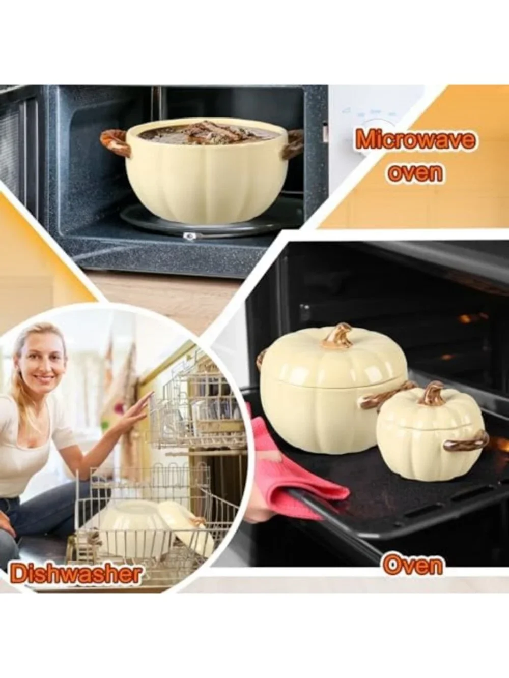 Set of 5 Decorative Ceramic Pumpkin Bowls with Lids & Handles - Cream Yellow